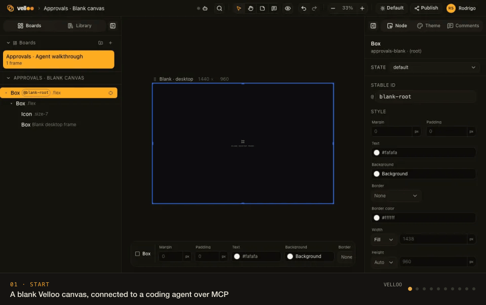 A coding agent designs an approval inbox in Velloo: three directions, a refinement, canvas and Velloo Cloud comments it resolves, and the implemented screen