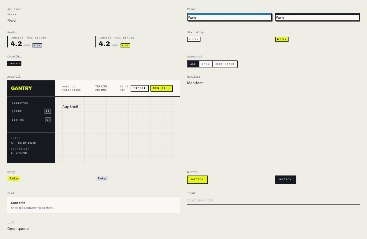 One render holding an app's own components side by side: a field, panels, readouts, status chips, a segmented control, an app shell with its navigation, buttons, and an input, each labelled with its name.